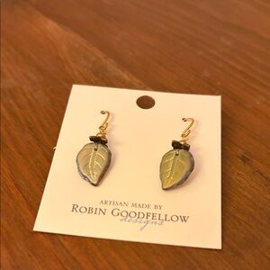 NWT Robin Goodfellow Artisan Iredescent Green Gold Blue Leaf Drop Earrings